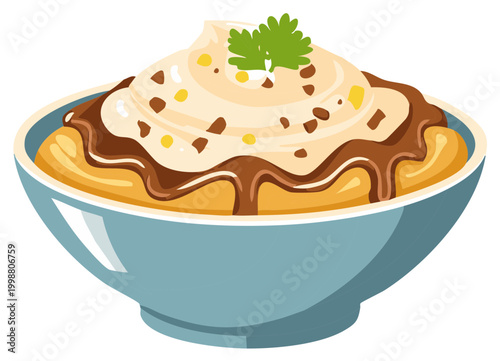 Sweet creamy dessert in a bowl with chocolate topping sprinkles and a green leaf garnish
