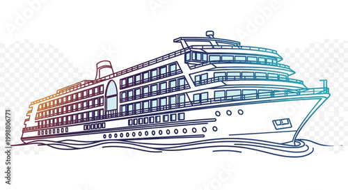Luxury cruise ship sailing on the ocean, detailed line art illustration with blue and orange gradient