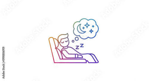 Man sleeping on airplane seat, dreaming of night sky, stars, and moon, comfort travel concept