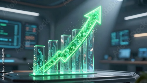 Futuristic Holographic Growth Chart with Glowing Green Arrow