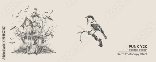 Photos Vintage sketch illustration of a haunted house and a bird on a branch, retro pho