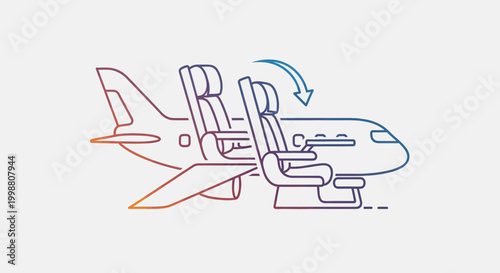 Airplane cabin with seats reclining, travel concept, comfort, airline interior