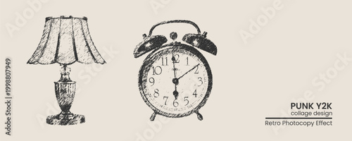 Schilderij op canvas Handdrawn sketch illustration of a vintage table lamp and an oldfashioned alarm