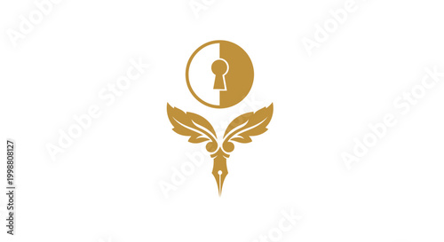 Εκτύπωση καμβά Elegant golden keyhole logo with leaves and pen nib for business branding
