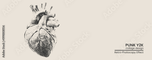 Anatomical human heart illustration with a vintage punk y2k aesthetic and retro photocopy texture effect