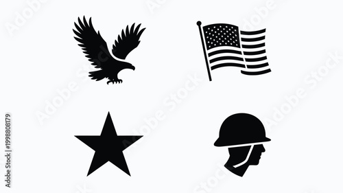Collection of iconic american symbols including a soaring eagle waving flag military helmet and a five pointed star presented in a clean modern graphic design for versatile