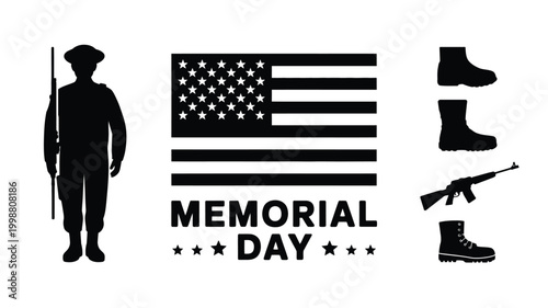 Memorial day graphic celebrating american military service and sacrifice with a silhouette of a soldier holding a rifle the us flag and military boots and weapon icons on a clean