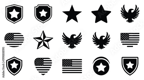 Collection of american patriotic symbols and emblems in a clean modern flat design style featuring stars eagles and flag elements for national holidays and commemoration rendered