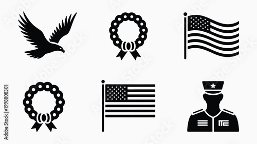 Collection of patriotic american holiday icons including flying eagle decorative wreaths with ribbons waving us flags on poles and a silhouette of a military officer in uniform