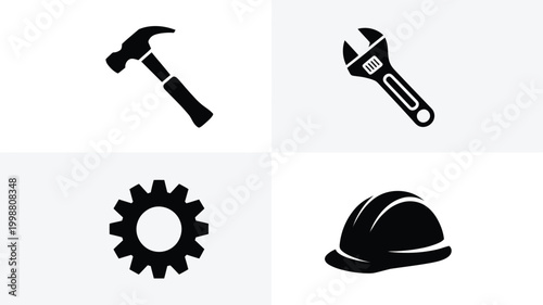 Diverse collection of black vector icons representing construction engineering and manual labor tools including a hammer adjustable wrench cogwheel and hard hat on a clean white