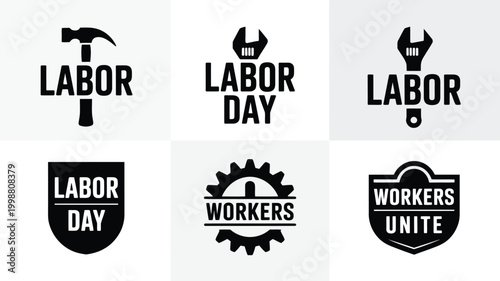 Collection of vintage labor day and workers unite silhouettes with tools and gears celebrating american holiday and industrial strength in black and white design