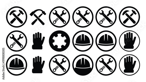 Collection of black and white icons representing construction industry and manual labor tools including hammers wrenches hard hats and gloves arranged in a grid pattern on a clean