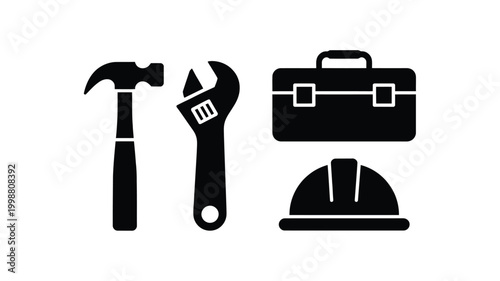 Collection of flat design icons representing labor and construction a hammer adjustable wrench toolbox and hard hat symbolizing work industry and skilled trades for labor day