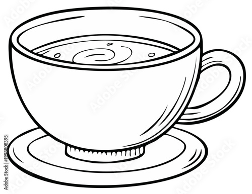 Black and white drawing of a cup of hot coffee on a saucer with swirling liquid inside in simple graphic style