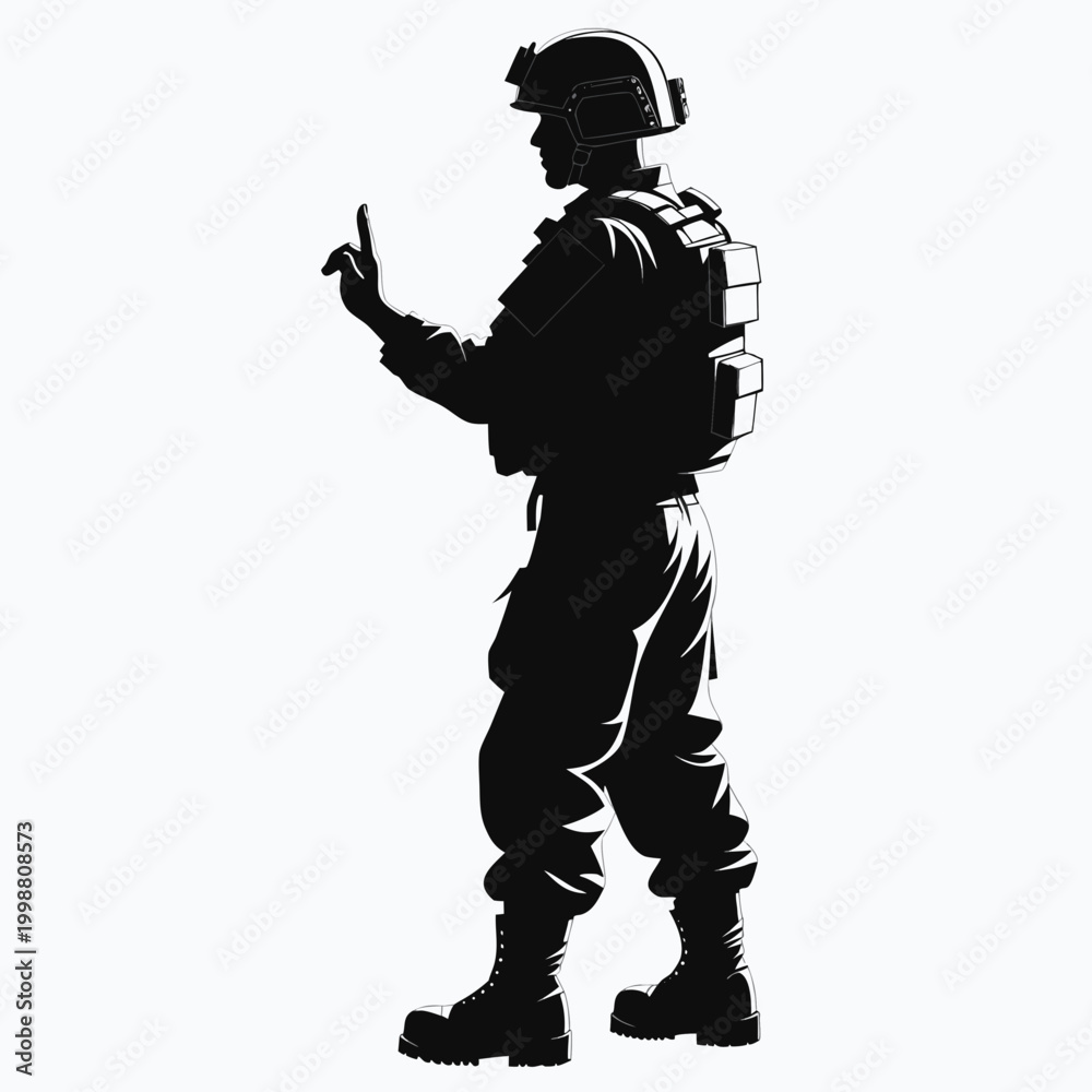 Obraz premium Soldier silhouette, military man, army uniform, black vector icon