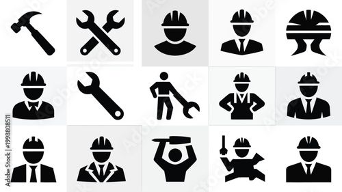 Diverse collection of professional construction worker and tool icons representing engineering industry and skilled labor in a clean modern graphic design style with clear