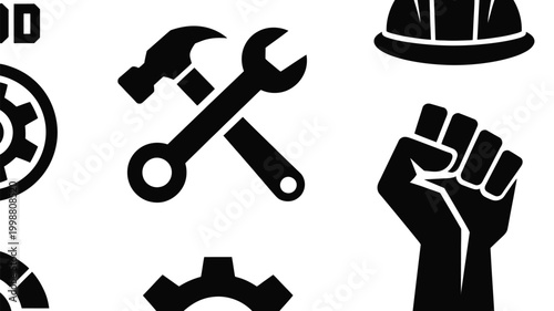 Collection of black and white vector icons representing labor industry and empowerment with tools gears hard hat and fist symbolism on clean white background