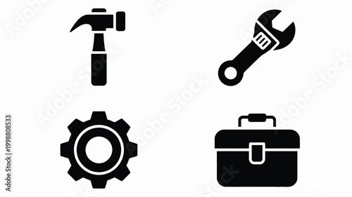 Modern flat design icons representing essential tools and mechanical parts including a hammer adjustable wrench gear cog and toolbox perfect for construction repair or engineering