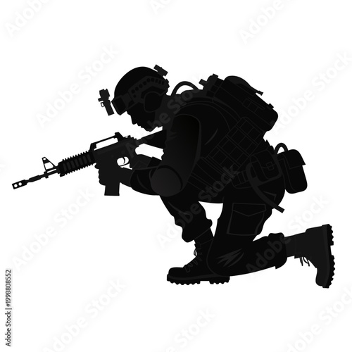 Military soldier, combat silhouette, army kneeling, black tactical gear, rifle