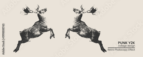Two symmetrical jumping deer silhouettes with a distressed retro photocopy texture in a punk y2k collage style design