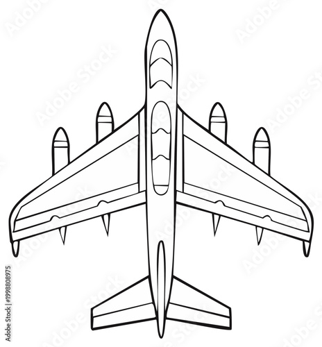 Top-down view of a military jet aircraft with four engines and sharp wingtips