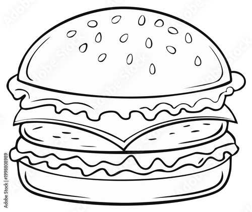 Delicious burger vector illustration for coloring books or educational purposes, outline drawing of a tasty hamburger with cheese and lettuce