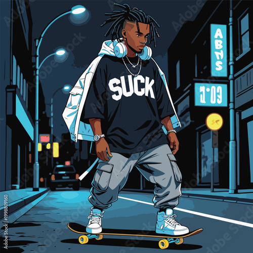 vector illustration of a young black man skateboarding