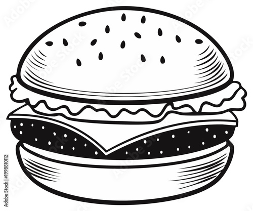 Simple Line Art Illustration of a Classic Hamburger Sandwich with Sesame Seed Bun