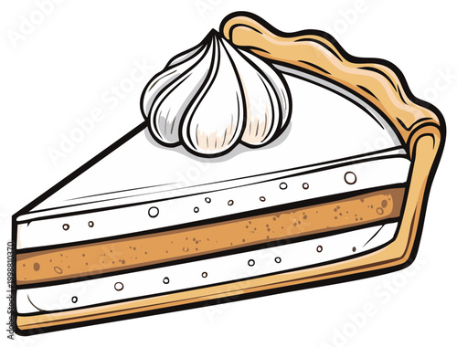 Cartoon slice of pie with meringue topping and crust isolated