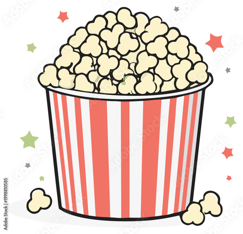 Festive bucket overflowing with popcorn and scattered kernels with colorful star confetti
