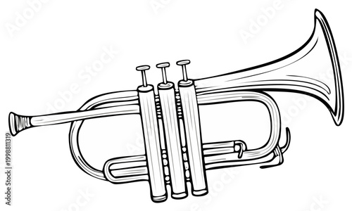 Black and white illustration of a brass musical instrument, a trumpet, showing its valves and bell