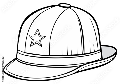 Line art illustration of a cap with star graphic and a single brim design, simplistic design.