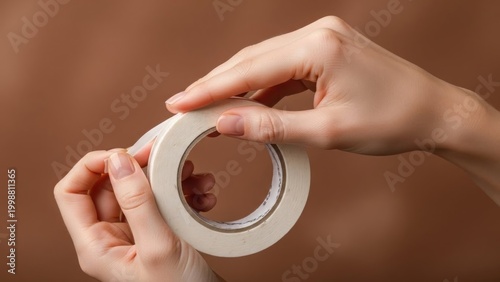 A person holds a roll of white tape with both hands