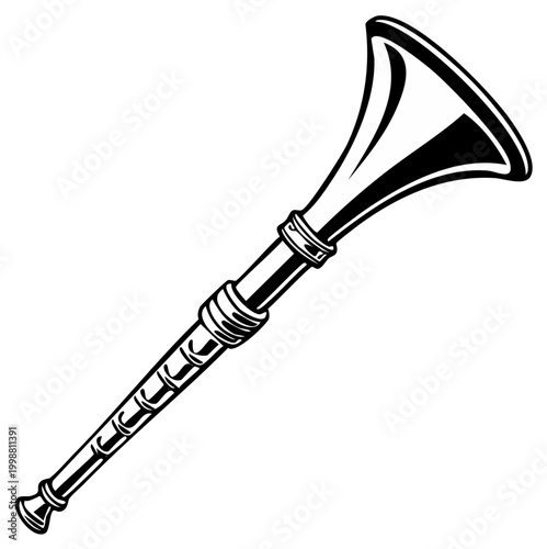 Illustration of a trumpet style musical wind instrument in black and white