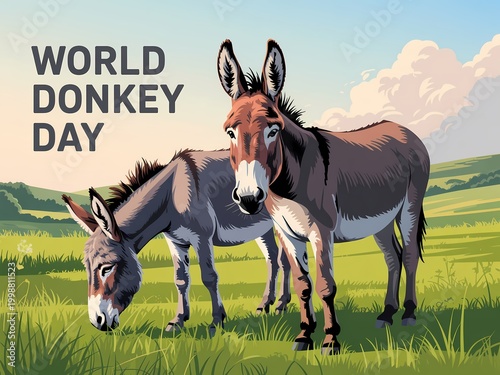 World donkey day illustration featuring two donkeys in a grassy field