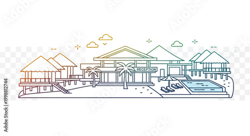 Tropical Resort Paradise: Beachfront Bungalows, Pool, and Reception Building