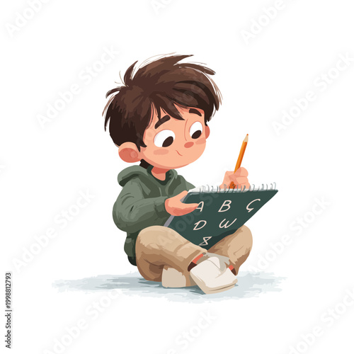 A young boy sits on the floor diligently writing in a notebook.