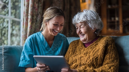 Caring home health aide and elderly client happily engaging with modern technology on a digital device