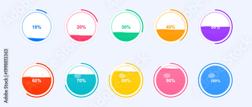 Set of colorful liquid fill circular progress bar indicators with percentage labels for web and mobile application user interface design elements in vector flat style