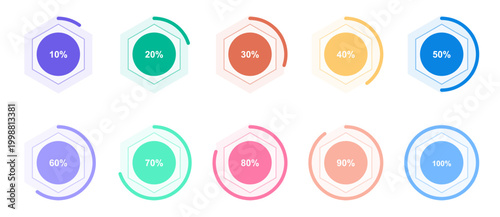 Set of colorful hexagonal percentage progress bar infographic elements featuring modern circular loading indicators for data visualization and dashboard ui design