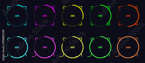 Futuristic cyberpunk circular loading bars and progress percentage indicators set with neon glow effects on dark background for digital interface and software dashboards