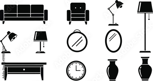 Set of Interior Furniture and Home Decor Icons Vector Illustration for Modern Living Room Design Elements