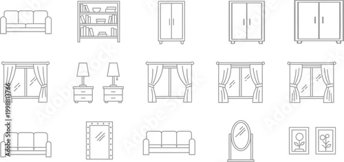 Set of Interior Furniture and Home Decor Line Icons for Residential Design Projects and Architectural Planning Concepts