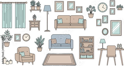 Set of Modern Living Room Furniture and Home Decor Elements Vector Illustration for Interior Design Projects