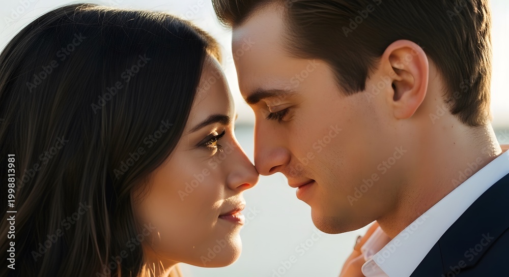 Naklejka premium Closeup portrait of a romantic couple touching noses and smiling at each other