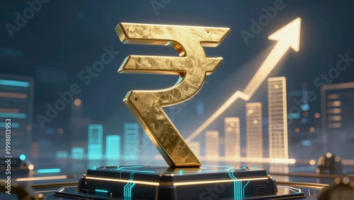 Indian Rupee Gold Symbol with Rising Growth Arrow Futuristic City