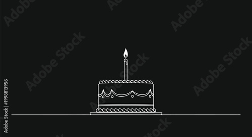 A minimalist illustration of a birthday cake with a single lit candle on a dark background