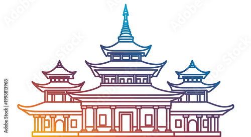 Traditional Asian Temple Architecture with Colorful Outline on White Background