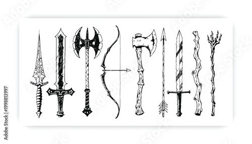Medieval Fantasy Weapons Set Hand Drawn Swords Axes Spears Magic Staff Vector Illustration,