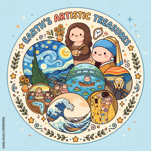 An illustration bundling Earth's extreme weather in an artistic style with famous paintings and stars.